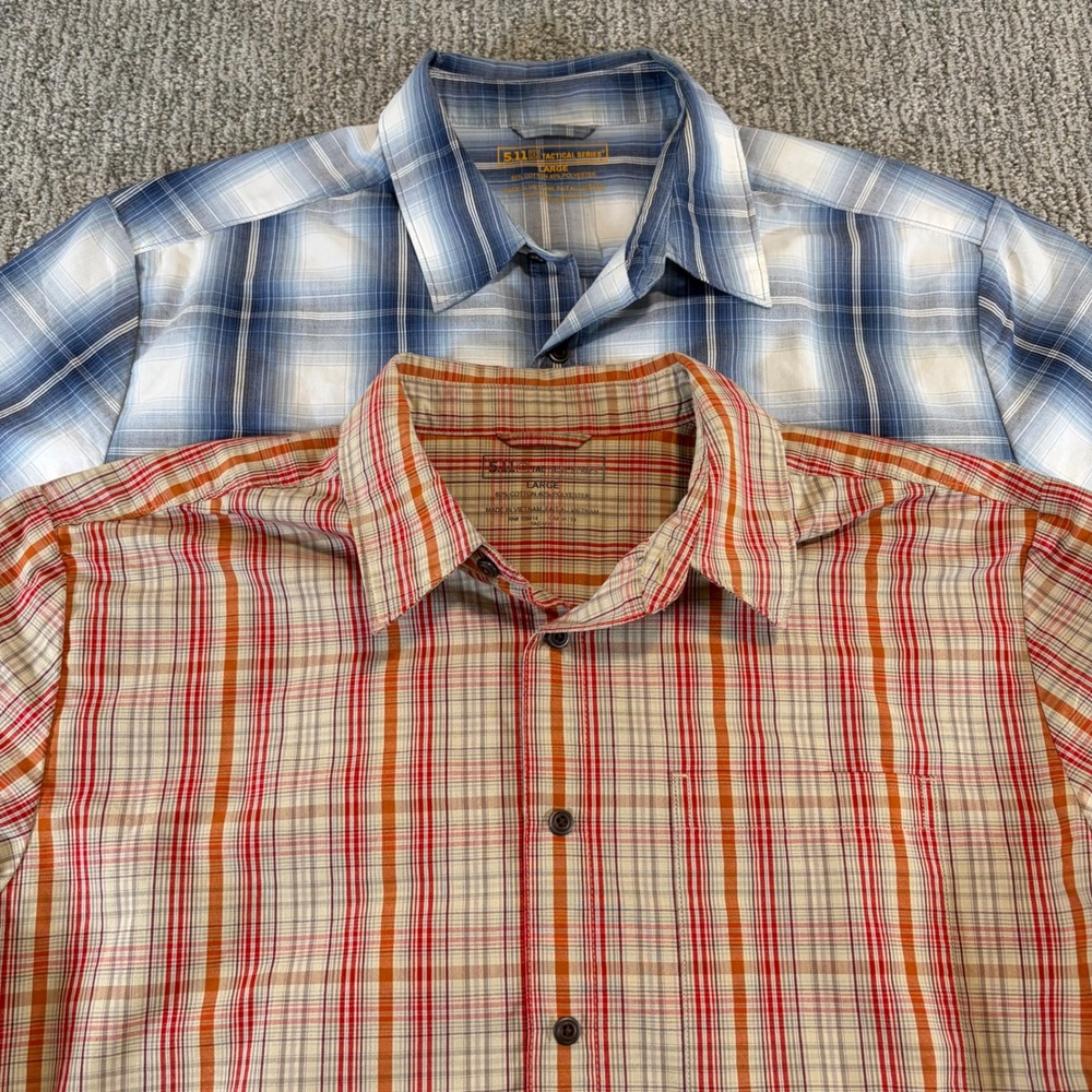 Lot of 2 5.11 Tactical Shirt Mens Large Blue Orange Plaid Short Sleeve Bundle